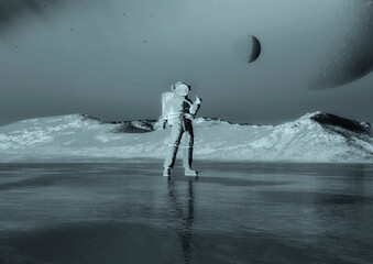 Naklejka premium astronaut in another planet standing up on ice saying that all is fine