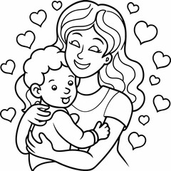 A simple outline of a mother hugging her child line art vector