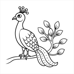 Peacock on Branch Vector Illustration. Cute Cartoon Clipart Line Art Design