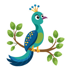 Peacock on Branch Vector Illustration. Cute Cartoon Clipart Line Art Design
