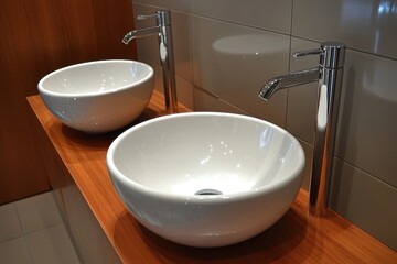 Modern bathroom interior with dual vessel sinks chrome faucets