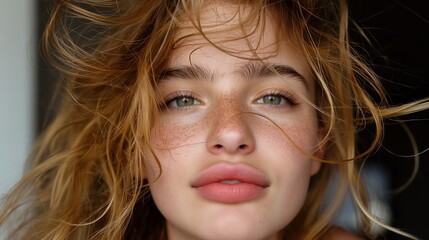 close-up portrait of young woman with natural, curly hair and glowing skin, looking directly at camera. natural light, freckles and giving her fresh, vibrant look. background is blurred