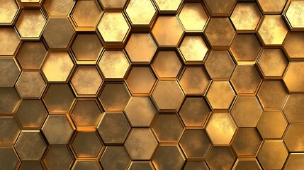 An abstract design featuring a geometric hexagonal pattern in metallic gold tones