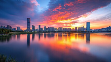 Fototapeta premium City Skyline at Sunset: A stunning cityscape at sunset, with modern skyscrapers silhouetted against a vibrant sky reflected in the calm waters of a lake.