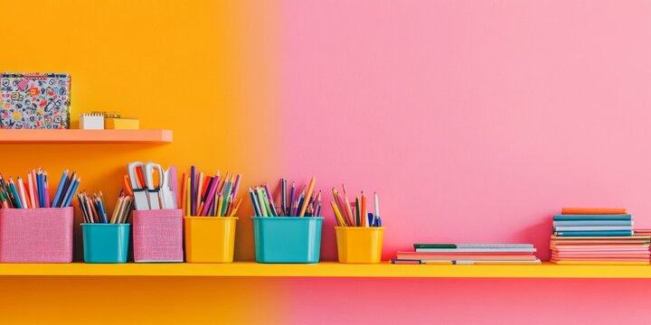 Colorful stationery, desk supplies, organization on bright yellow and pink background, creative workspace concept - Powered by Adobe