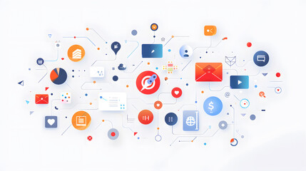 Fototapeta premium A flat vector illustration of an abstract digital network with icons representing various online devices and data on a white background with white space on the edges design