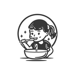 Retro Style Illustration: Girl Brushing Teeth in Circular Frame