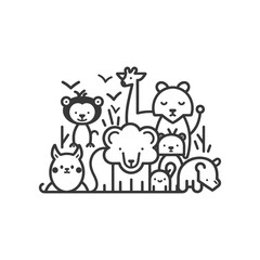 Obraz premium Monochrome Line Art: Adorable Safari Animal Group Portrait