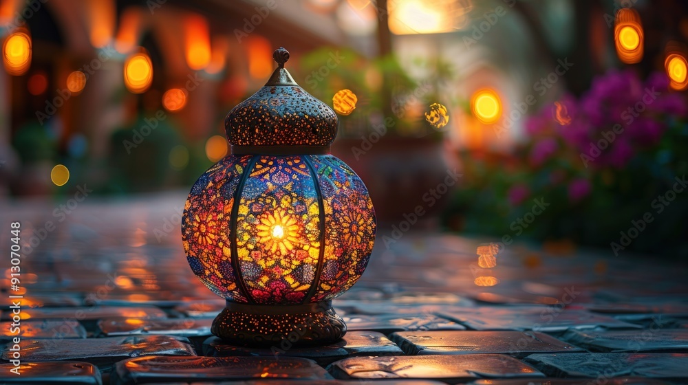 Poster a glowing ornamental lantern casting a warm light against a dark background with bokeh effects.