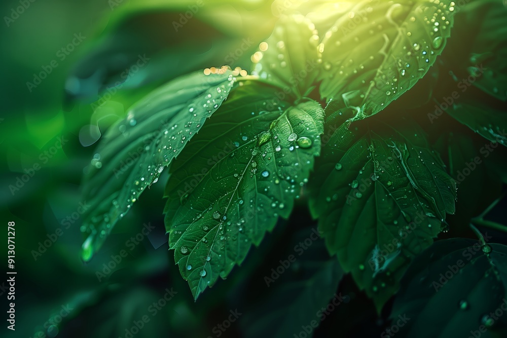 Wall mural Close-Up View of Dew-Covered Green Leaves in Early Morning Light