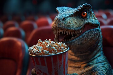 A dinosaur, resembling a T-Rex, holds a bucket of popcorn while sitting in a movie theater, creating a humorous and whimsical scene