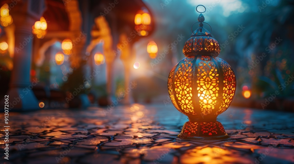 Poster a glowing ornamental lantern casting a warm light against a dark background with bokeh effects.