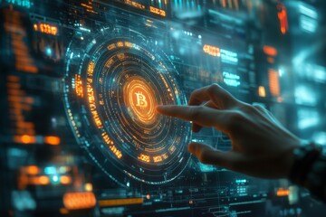 Fototapeta premium A futuristic interface displaying a Bitcoin symbol, with digital data and graphics surrounding a user's hand reaching out to interact with the screen