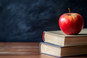 A red apple sits atop a stack of hardcover books against a blurred green chalkboard background, symbolizing education and learning.