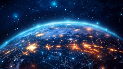 Obraz premium A stunning view of Earth from space, showcasing illuminated cities, a glowing atmosphere, and cosmic elements, highlighting the interconnectedness of the planet