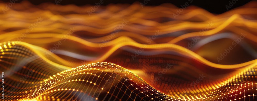 Poster abstract gold and orange network pattern. a digital landscape of glowing gold and orange lines forms