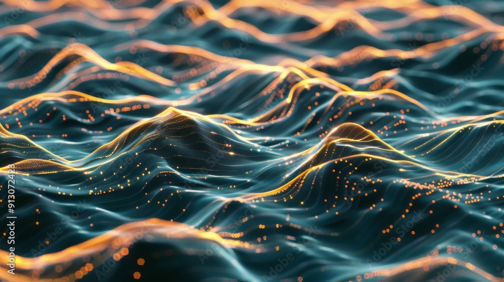 Poster abstract digital wave background. a 3d rendered abstract background of a digital wave with a golden 