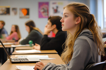 Fototapeta na wymiar Students in class, focused on schoolwork, with a blurred educational setting backdrop.