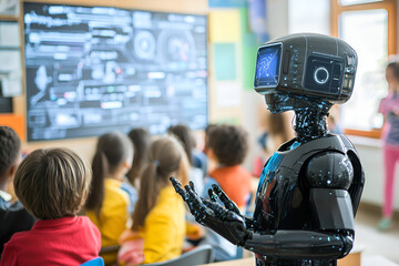  A humanoid robot interacts with a digital screen displaying complex blueprints in a classroom setting, highlighting the integration of advanced technology in education.