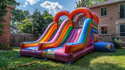 A colorful inflatable slide in a backyard.