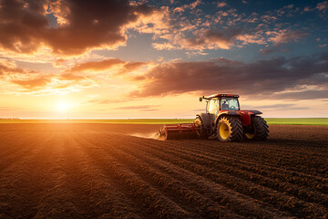 Obraz premium A yelllow tractor plows a field at sunset, creating a picturesque farming landscape with rich soil and a vibrant sky, symbolizing agricultural productivity and rural life.