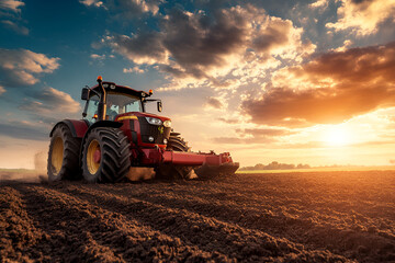 Obraz premium A red tractor plows a field at sunset, creating a picturesque farming landscape with rich soil and a vibrant sky, symbolizing agricultural productivity and rural life.