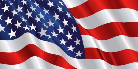 Fototapeta premium A large American flag with stars and stripes. The flag is waving in the wind. The flag is red, white, and blue