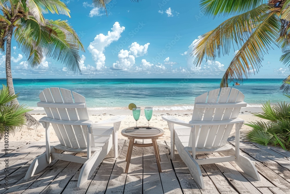 Wall mural two empty beach chairs facing clear ocean under palm trees