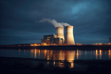 Obraz premium Nuclear power plant in natural night landscape background
