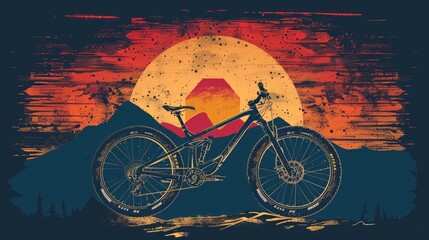 Silhouette mountain bike against vibrant setting sun. T-shirt design