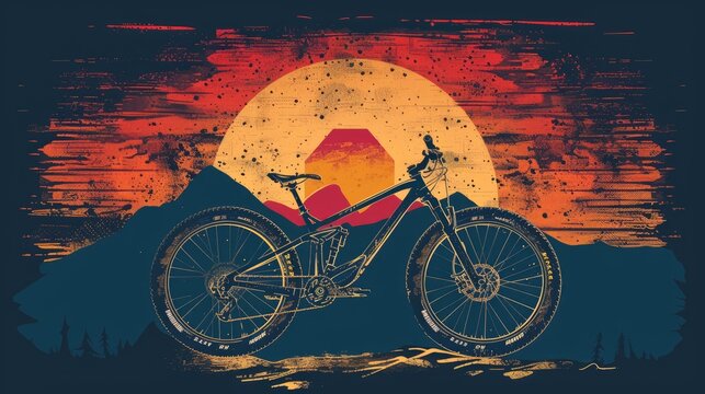 Silhouette mountain bike against vibrant setting sun. T-shirt design