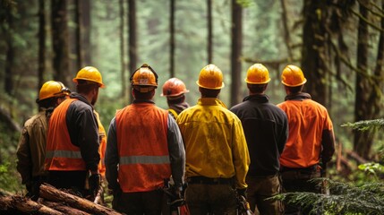 A group of workers in safety gear stands together, observing ongoing logging activities in a lush forest.