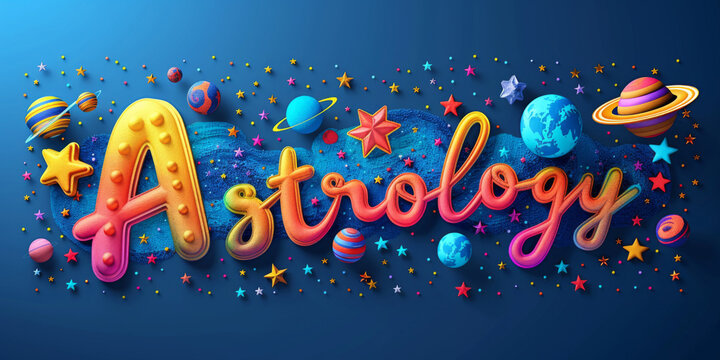 Astrology concept with colorful planetary letters on blue background