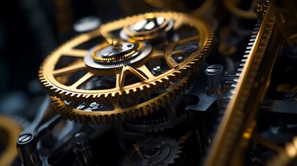 A detailed close-up of intricate clockwork gears in motion, showcasing the mechanical precision and complexity of timekeeping mechanisms