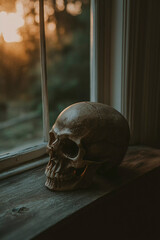 Still life with a skull resting on a wooden table, Generative AI