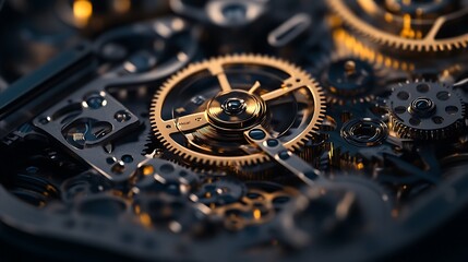 A detailed close-up of intricate clockwork gears in motion, showcasing the mechanical precision and complexity of timekeeping mechanisms