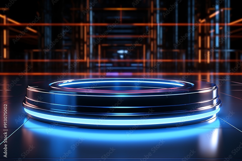 Poster 3d rendering of a round podium with a blue neon light in the blur background