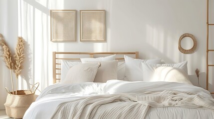 Beautiful Colored Mockup Bedroom Interior Blank Poster Decoration Art Background Image, generative AI