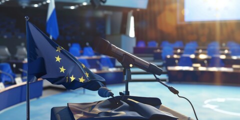 A microphone is on a podium with a flag in the background. The flag is blue and has stars. The scene is set in a room with chairs and a podium