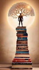 Man Standing on Top of a Stack of Books