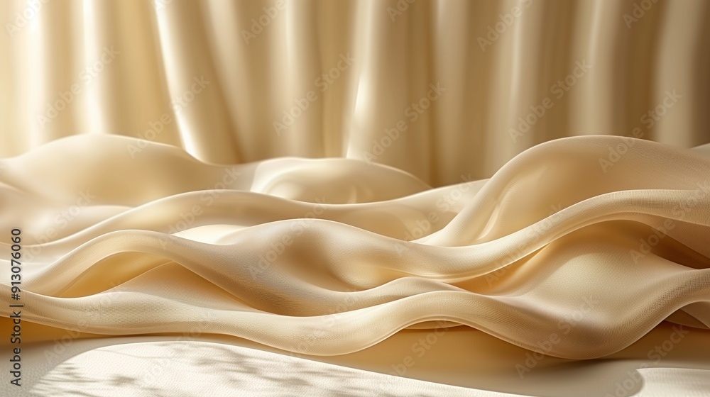 Poster silky cream fabric draped elegantly with soft light filtering through window