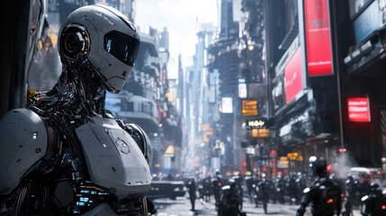 Fototapeta premium A sleek robot observes crowds in a busy urban environment, with towering buildings and bright advertisements in a futuristic cityscape