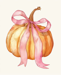 Pumpkin with Pink Ribbon Illustration
