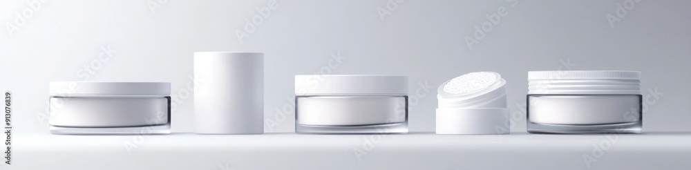 Poster five white cosmetic jars with different objects inside, isolated on a background, vector illustratio