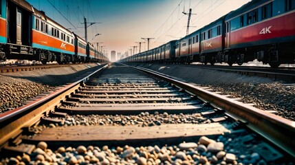 Obraz premium Two Trains Passing on Train Tracks