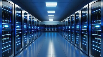 Fototapeta premium A modern data center corridor showcasing rows of server racks with blue LED lights, emphasizing technology and connectivity.