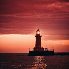 Lighthouse surrounded by water at sunset