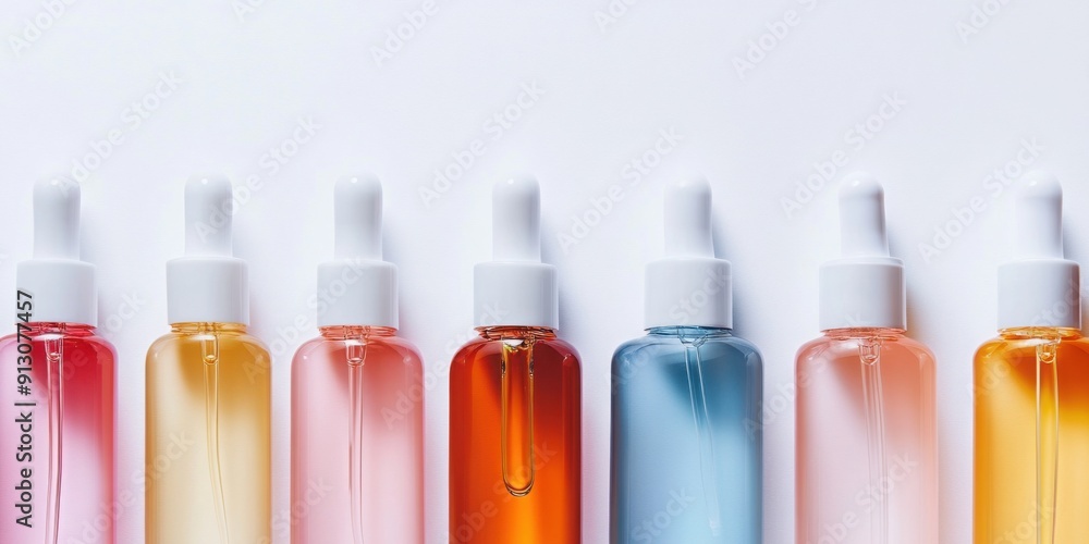 Poster a white background with different bottles of skin care products in a row. the bottles are all the sa