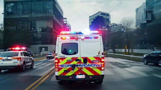 An urgent ambulance rushes through a bustling city block, lights flashing as traffic yields, showcasing the swift response of emergency services in action.