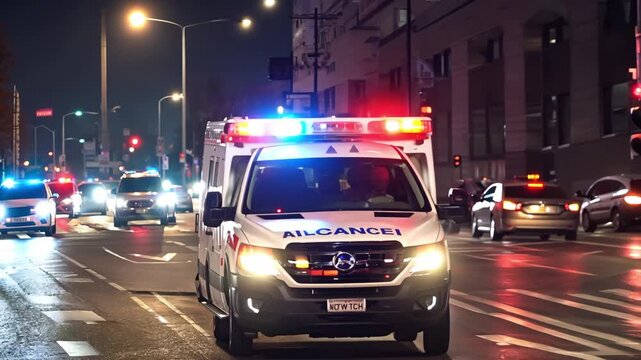 An ambulance speeds through the illuminated urban landscape, responding to an urgent call as lights flash, showcasing swift emergency action amidst city nightlife.